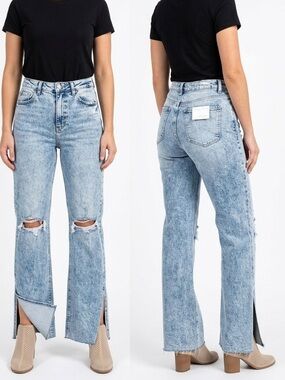RISEN JEANS Distressed Denim Split Hem Chic Light Blue Flare Jeans